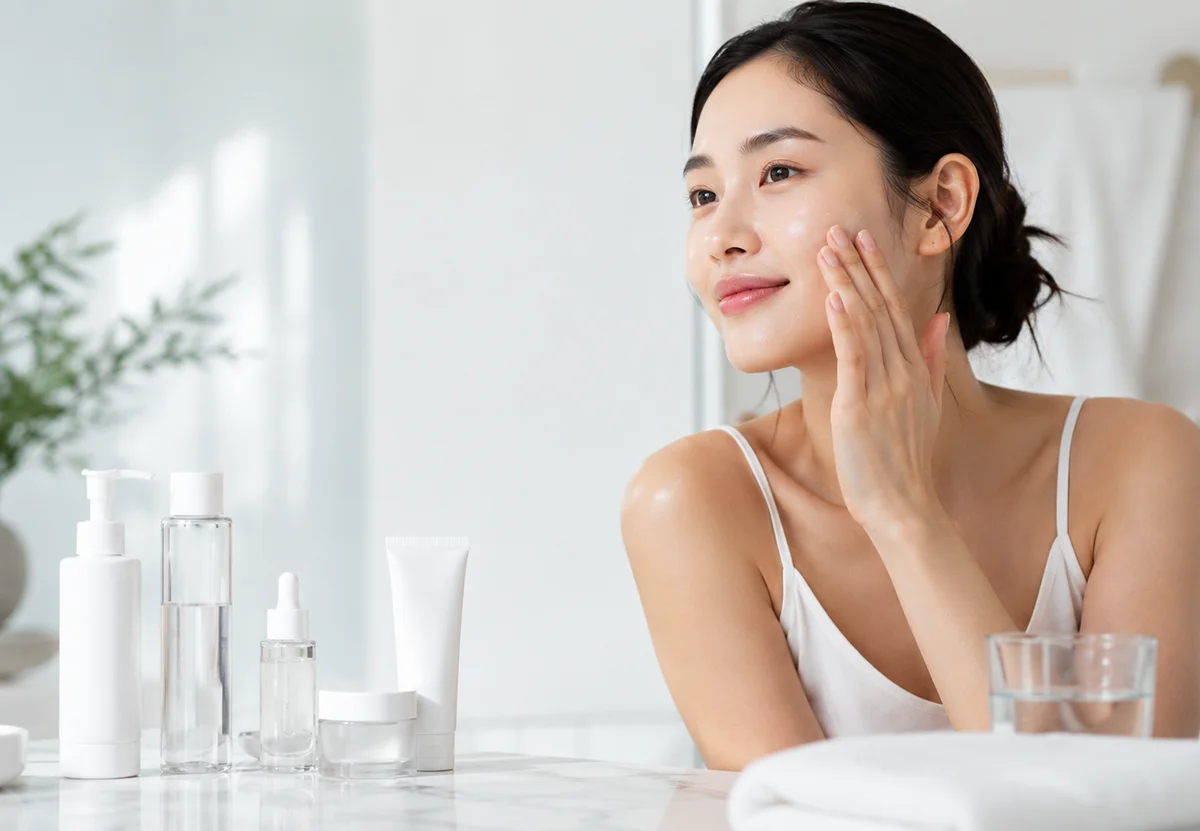 A woman in a white tank top sitting at a vanity with various skincare products, including bottles and jars, on a marble surface.